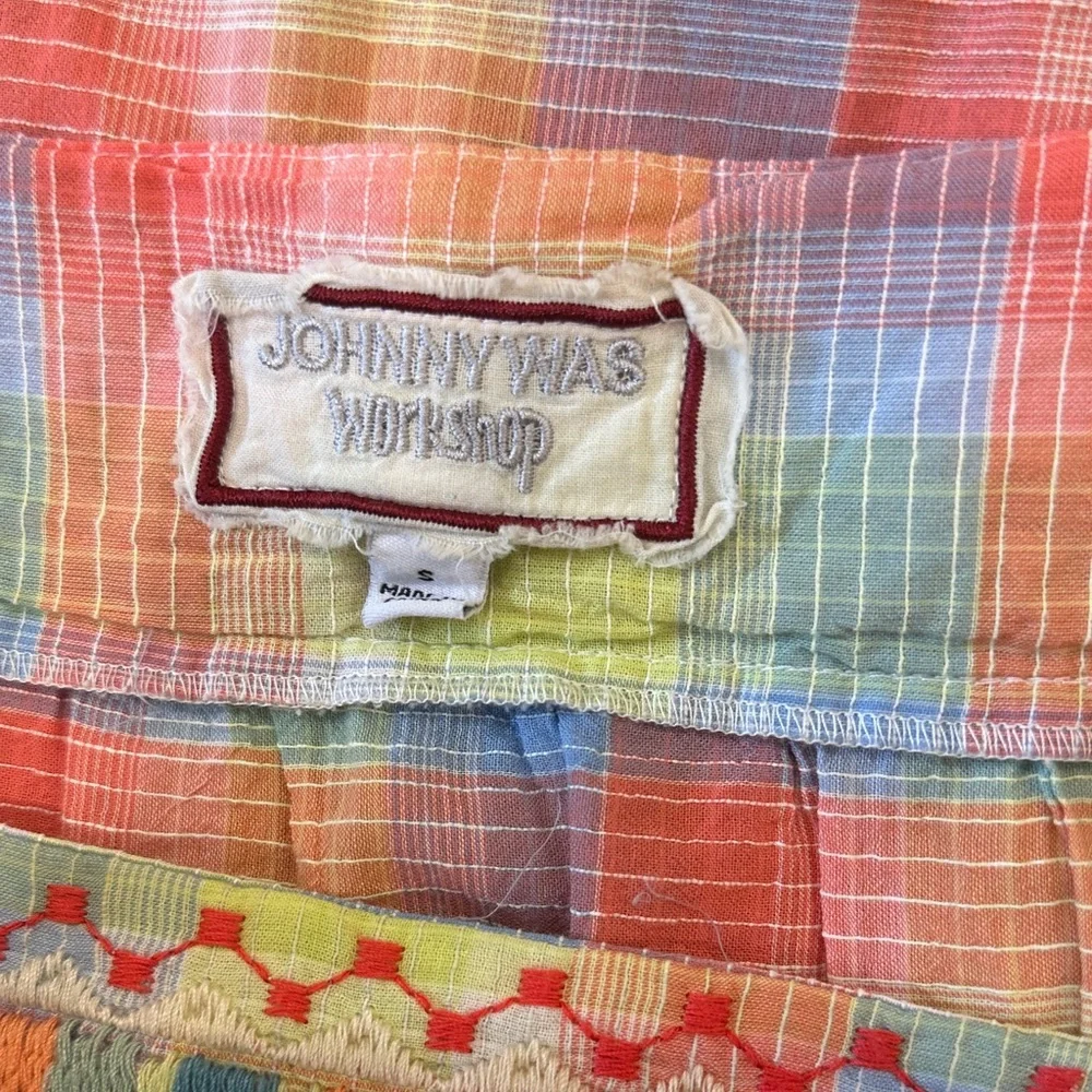 Johnny Was DELACEY PUFF SLEEVE PEASANT TOP Pastel Plaid Square Neck Size Small
